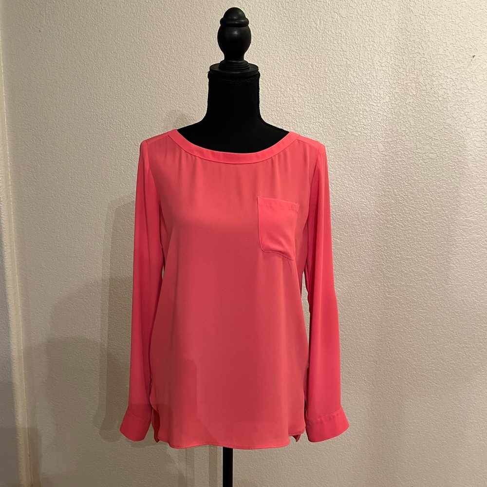 LOFT Blouse Coral Roll Tab Sleeve Semi Sheer